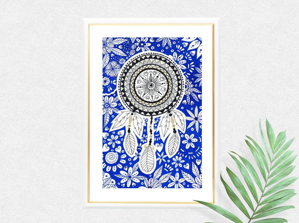 Blue Dreamcatcher Mandala Art Print