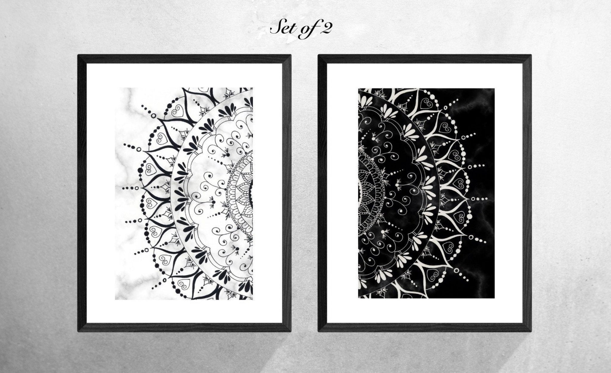 Black and Grey Set of 2 Geometric Mandala Art Prints